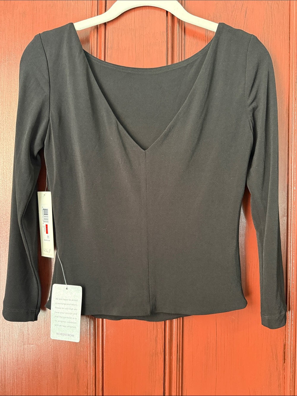Eliza J Black Long-Sleeve Scoop V-Neck Slim Tee